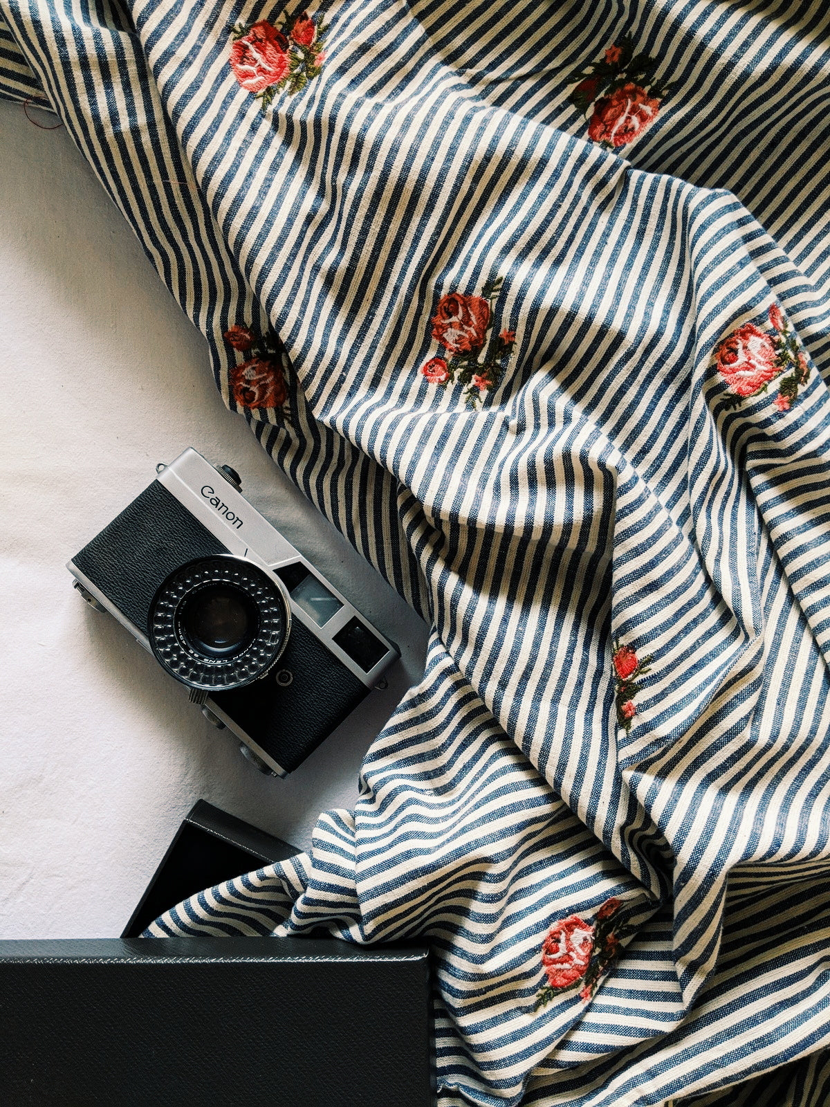 Black & White Stripes With Shrub Roses Fabric