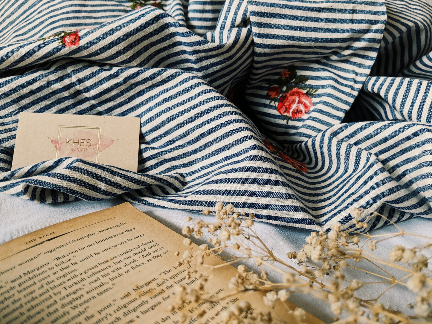 Black & White Stripes With Shrub Roses Fabric