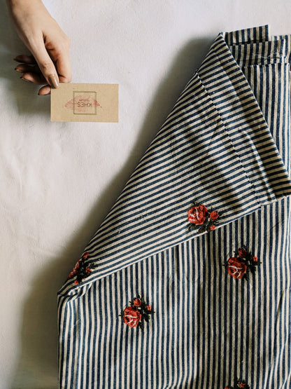 Black & White Stripes With Shrub Roses Fabric