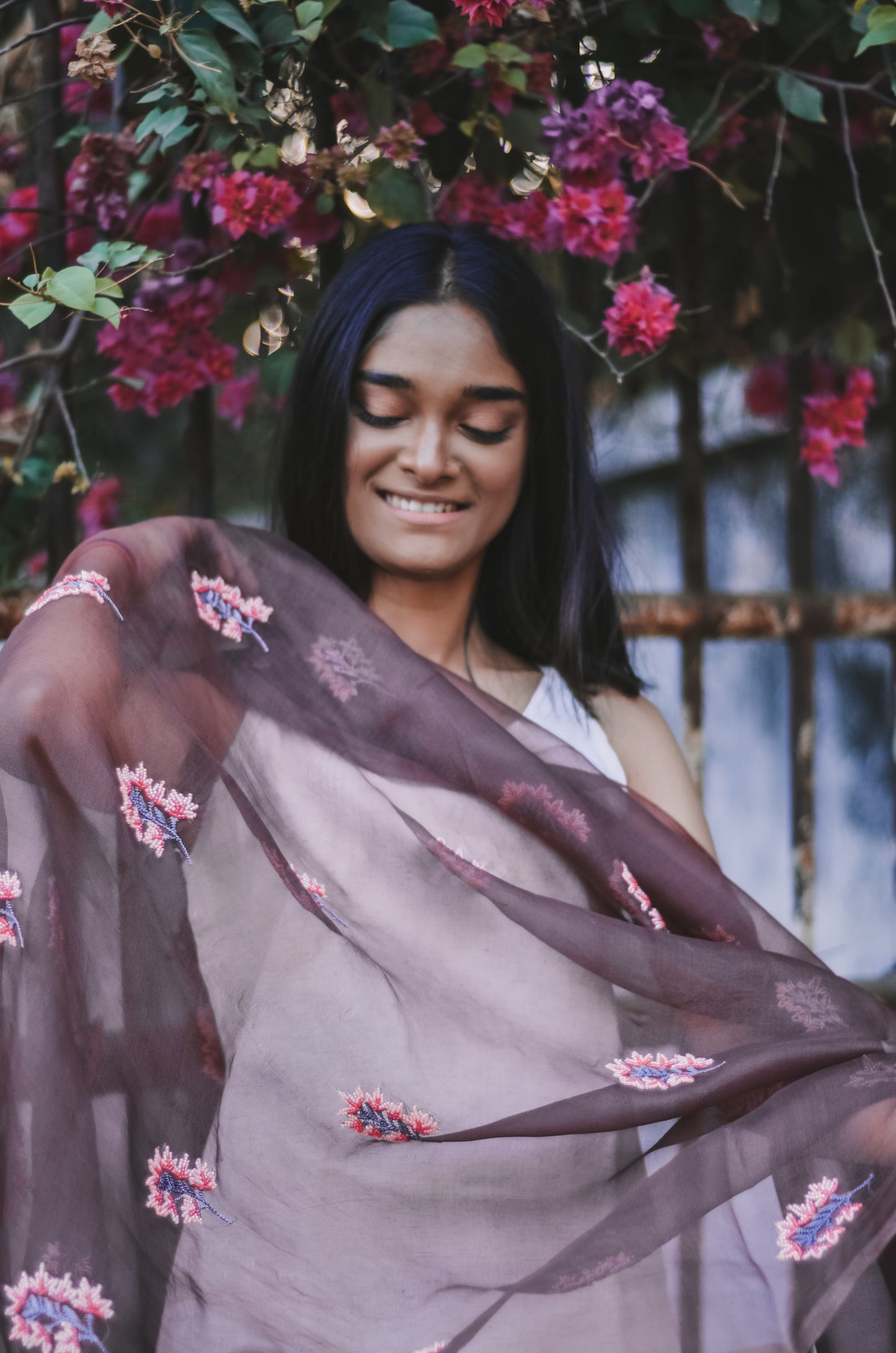 Brown Orchids Organza Fabric