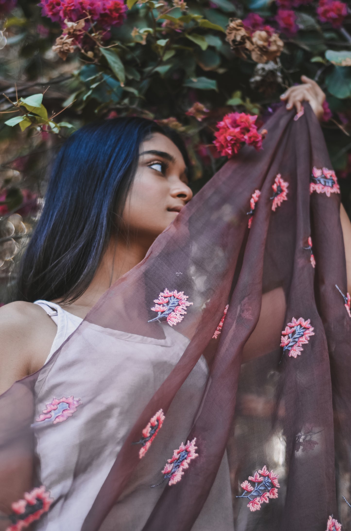 Brown Orchids Organza Duppatta