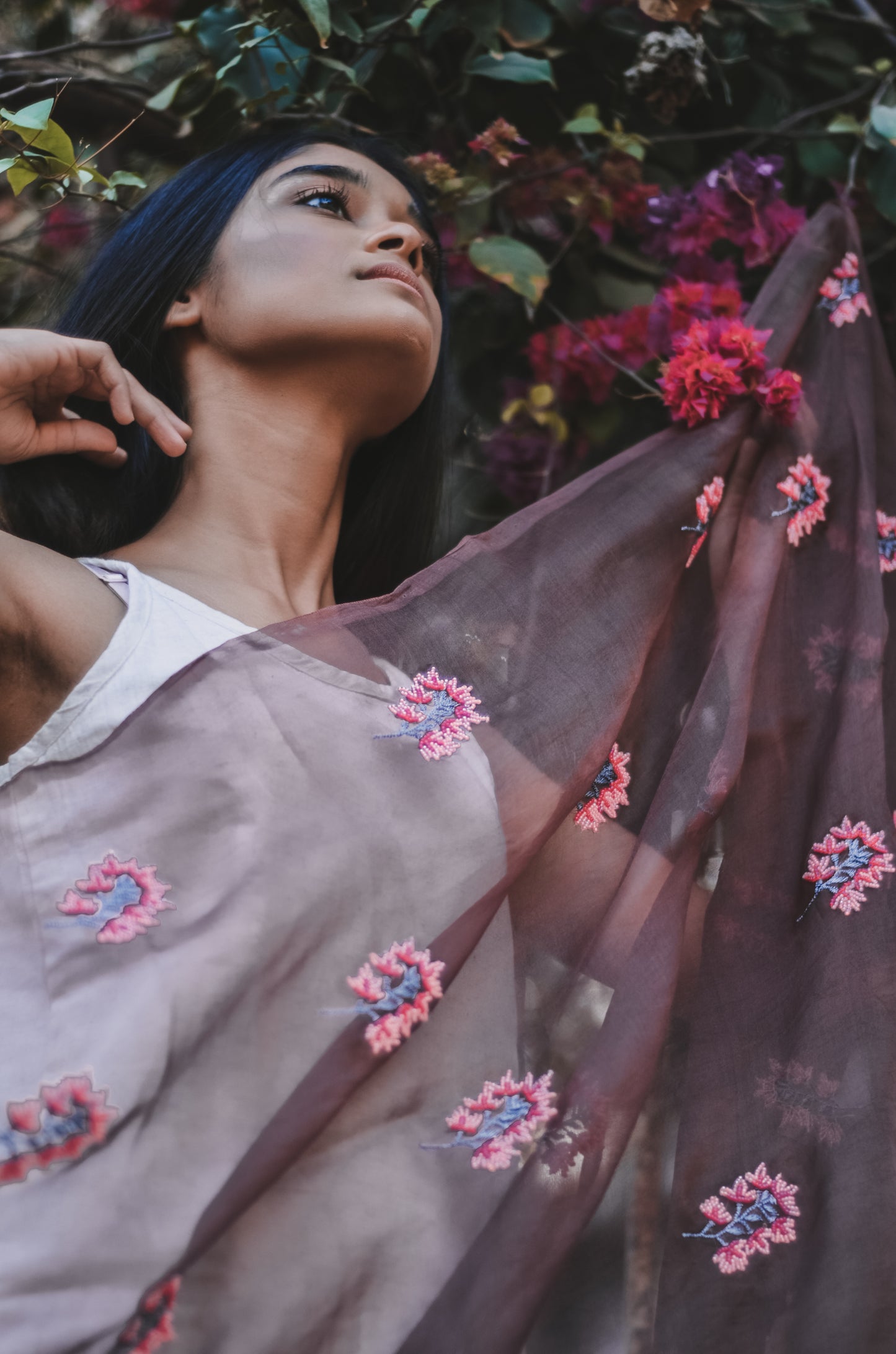 Brown Orchids Organza Duppatta