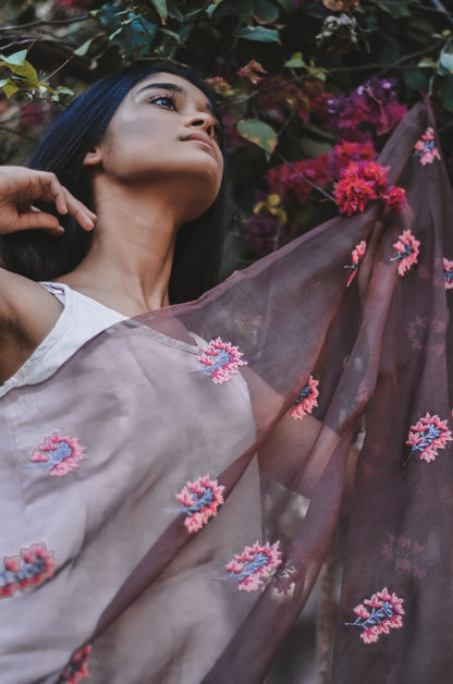 Brown Orchids Organza Duppatta