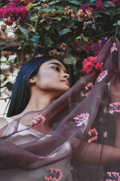 Brown Orchids Organza Duppatta