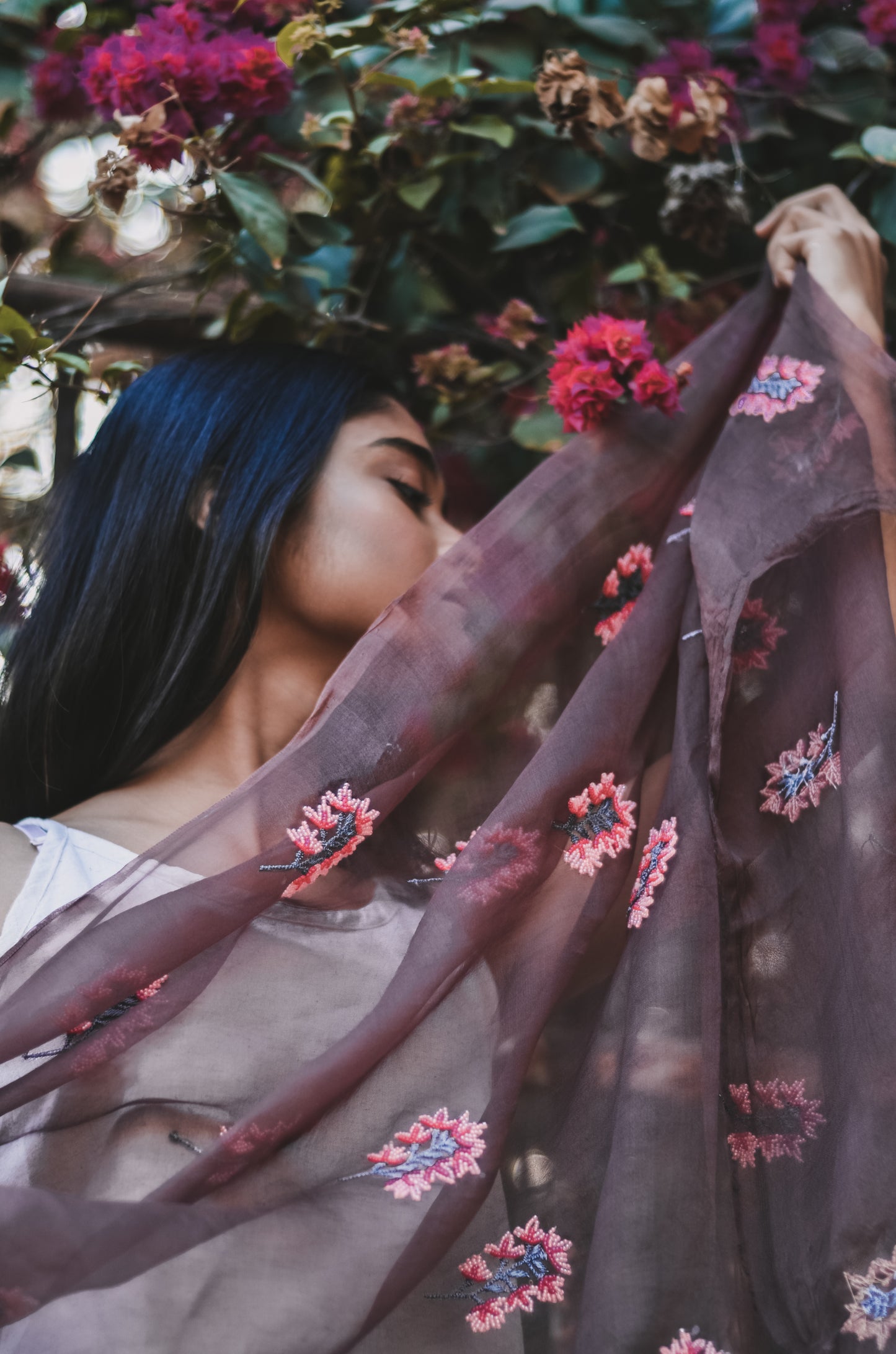 Brown Orchids Organza Duppatta