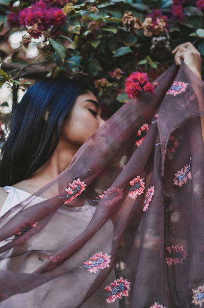 Brown Orchids Organza Duppatta