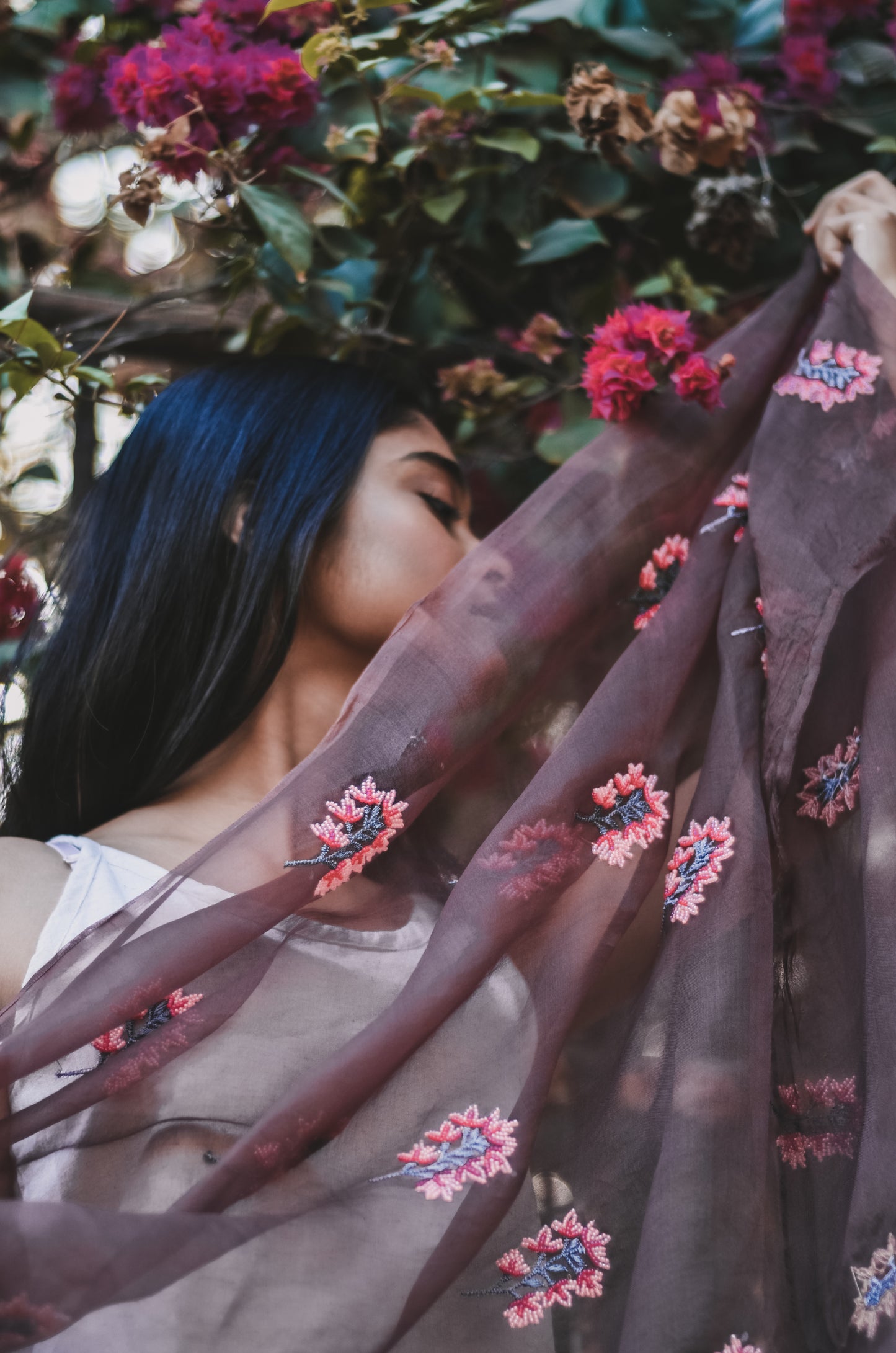 Brown Orchids Organza Duppatta