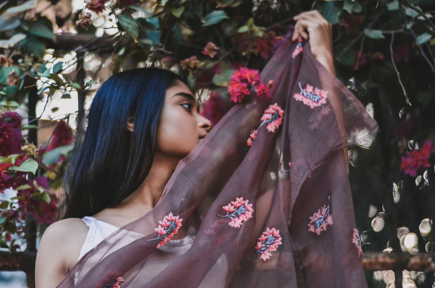 Brown Orchids Organza Duppatta