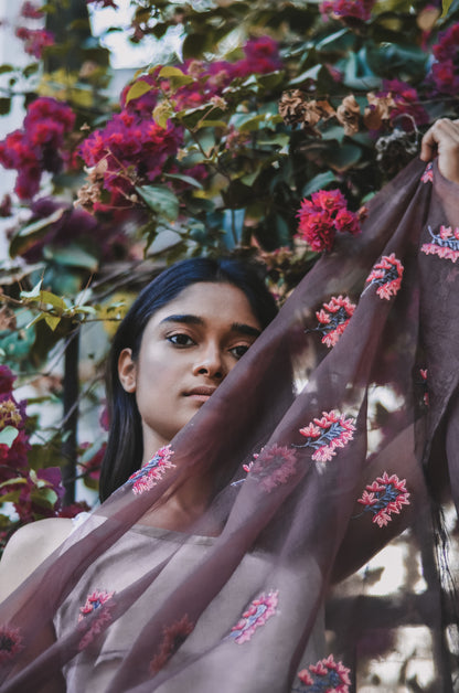 Brown Orchids Organza Duppatta