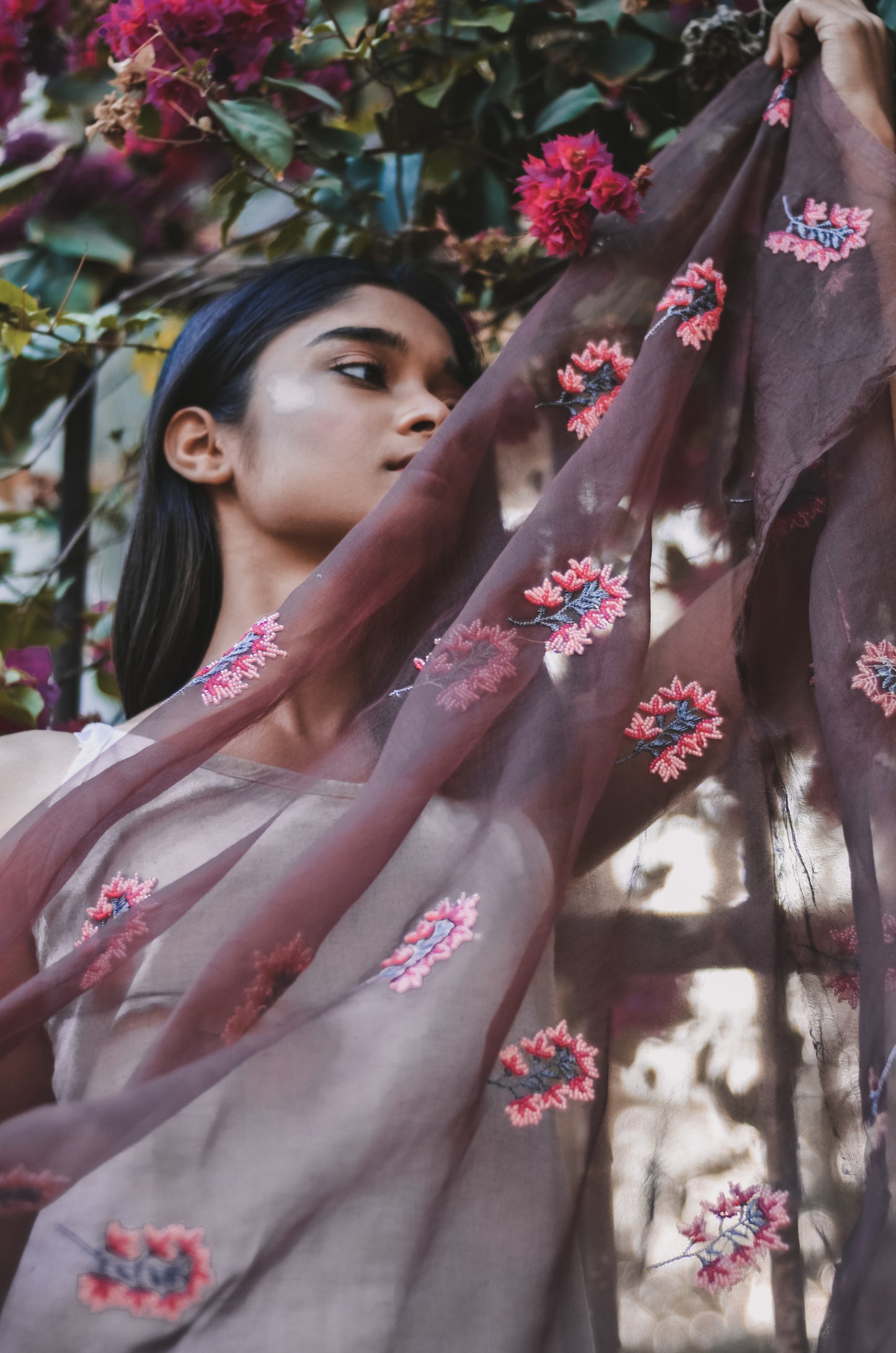 Brown Orchids Organza Duppatta