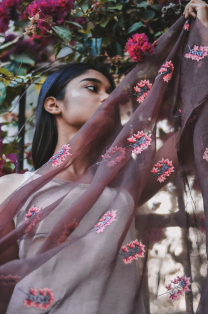 Brown Orchids Organza Duppatta