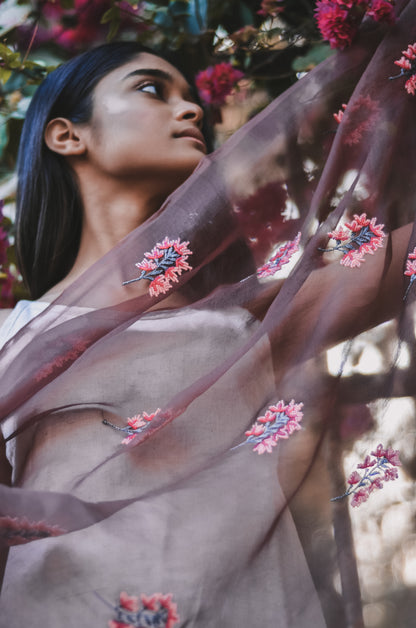 Brown Orchids Organza Duppatta