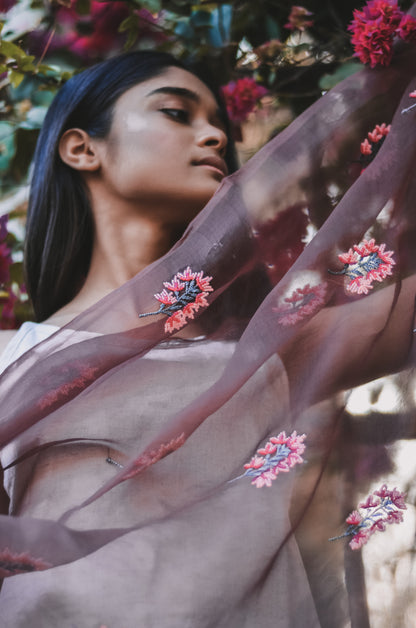 Brown Orchids Organza Duppatta